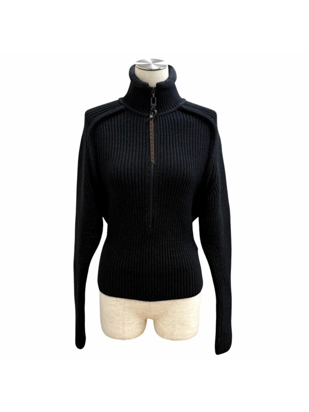 Louis Vuitton Wool Blend Leather Logo Patch Monogram Half Zip Rib Knit Black XS